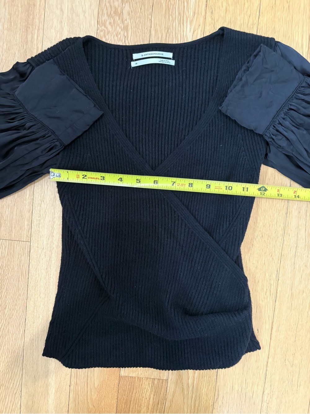 Anthropologie Mixed Media Ribbed Wrap Top Black Bishop Sleeve Poetcore Blouse XS - Picture 6 of 7
